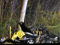 A vehicle is losing control and striking a pole on Route 208 Southbound in Fair Lawn, New Jersey, on November 23, 2023. A man in his 30s is...