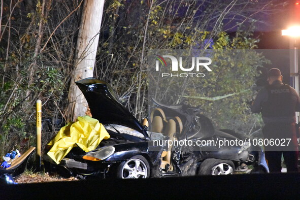 A vehicle is losing control and striking a pole on Route 208 Southbound in Fair Lawn, New Jersey, on November 23, 2023. A man in his 30s is...