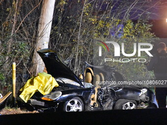 A vehicle is losing control and striking a pole on Route 208 Southbound in Fair Lawn, New Jersey, on November 23, 2023. A man in his 30s is...