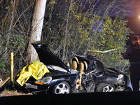 A vehicle is losing control and striking a pole on Route 208 Southbound in Fair Lawn, New Jersey, on November 23, 2023. A man in his 30s is...