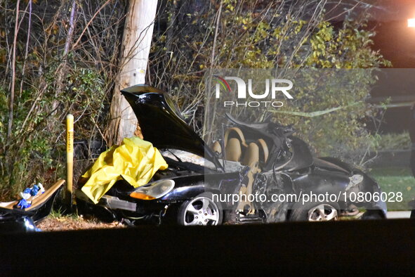 A vehicle is losing control and striking a pole on Route 208 Southbound in Fair Lawn, New Jersey, on November 23, 2023. A man in his 30s is...