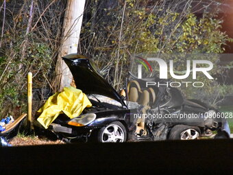 A vehicle is losing control and striking a pole on Route 208 Southbound in Fair Lawn, New Jersey, on November 23, 2023. A man in his 30s is...