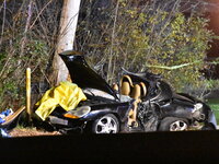 A vehicle is losing control and striking a pole on Route 208 Southbound in Fair Lawn, New Jersey, on November 23, 2023. A man in his 30s is...