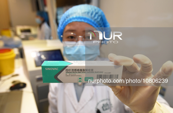 A health care worker is displaying a flu vaccine at a community health service center in Guiyang, Guizhou province, China, on November 24, 2...