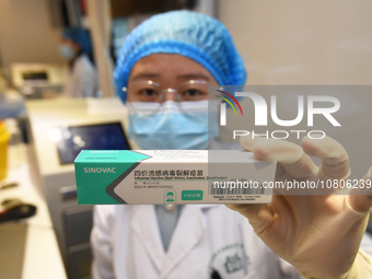 A health care worker is displaying a flu vaccine at a community health service center in Guiyang, Guizhou province, China, on November 24, 2...