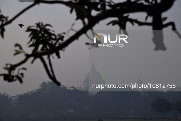 The Victoria Memorial Hall is seen through a haze as air pollution levels rise in Kolkata, India, on November 27, 2023. 