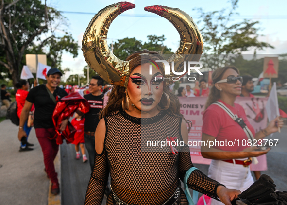 CANCUN, MEXICO - DECEMBER 1, 2023: 
Activists during the World AIDS Day March seen in the center of Cancun, on December 1st, 2023, in Cancun...