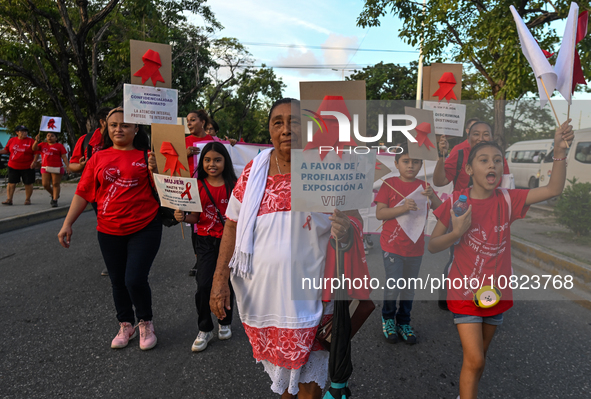 CANCUN, MEXICO - DECEMBER 1, 2023: 
Activists during the World AIDS Day March seen in the center of Cancun, on December 1st, 2023, in Cancun...