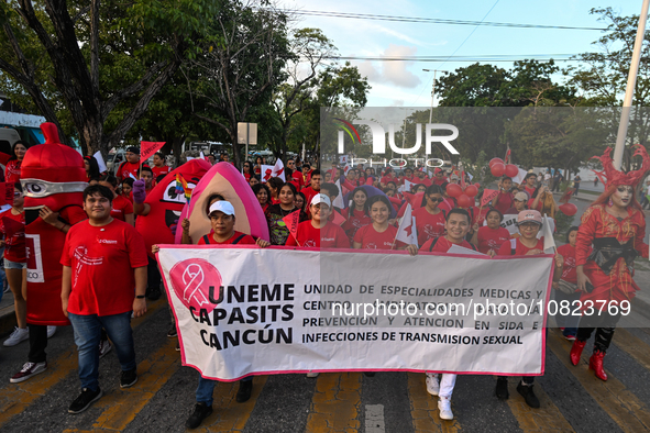 CANCUN, MEXICO - DECEMBER 1, 2023: 
Activists during the World AIDS Day March seen in the center of Cancun, on December 1st, 2023, in Cancun...