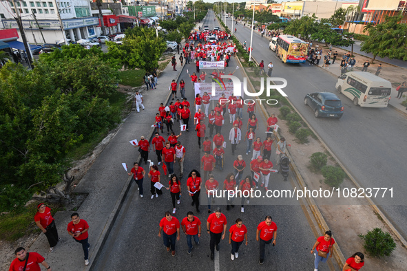 CANCUN, MEXICO - DECEMBER 1, 2023: 
Participants of the World AIDS Day March seen in the center of Cancun, on December 1st, 2023, in Cancun,...