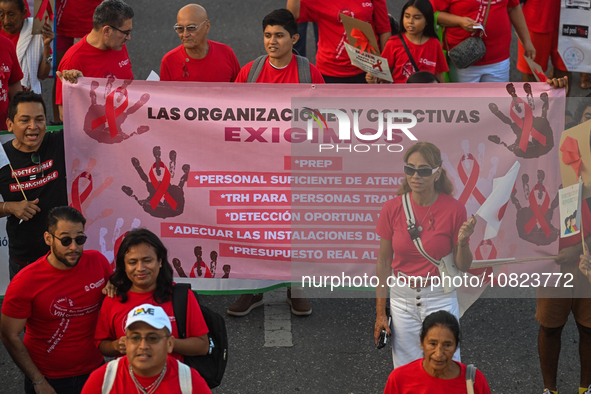 CANCUN, MEXICO - DECEMBER 1, 2023: 
Participants of the World AIDS Day March seen in the center of Cancun, on December 1st, 2023, in Cancun,...