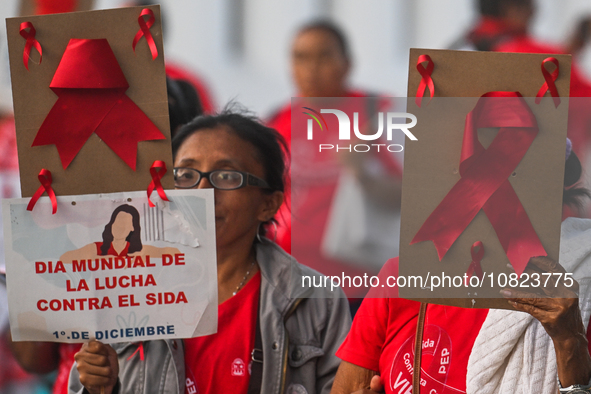 CANCUN, MEXICO - DECEMBER 1, 2023: 
Participants of the World AIDS Day March seen in the center of Cancun, on December 1st, 2023, in Cancun,...