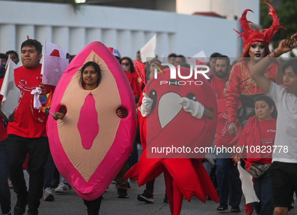 CANCUN, MEXICO - DECEMBER 1, 2023: 
Participants of the World AIDS Day March seen in the center of Cancun, on December 1st, 2023, in Cancun,...