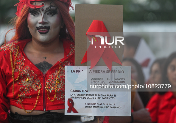 CANCUN, MEXICO - DECEMBER 1, 2023: 
Participants of the World AIDS Day March seen in the center of Cancun, on December 1st, 2023, in Cancun,...