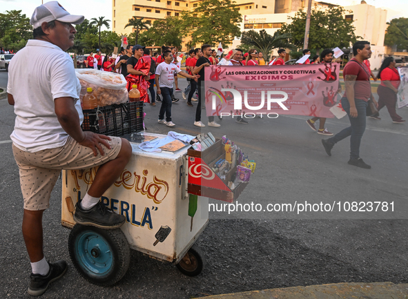 CANCUN, MEXICO - DECEMBER 1, 2023: 
Participants of the World AIDS Day March seen in the center of Cancun, on December 1st, 2023, in Cancun,...