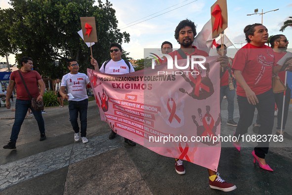 CANCUN, MEXICO - DECEMBER 1, 2023: 
Participants of the World AIDS Day March seen in the center of Cancun, on December 1st, 2023, in Cancun,...