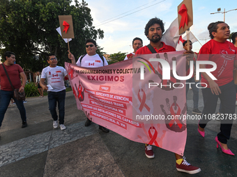 CANCUN, MEXICO - DECEMBER 1, 2023: 
Participants of the World AIDS Day March seen in the center of Cancun, on December 1st, 2023, in Cancun,...