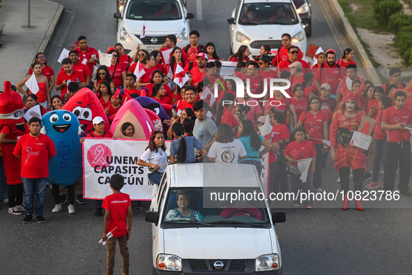 CANCUN, MEXICO - DECEMBER 1, 2023: 
Participants of the World AIDS Day March seen in the center of Cancun, on December 1st, 2023, in Cancun,...