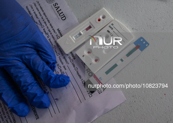 CANCUN, MEXICO - DECEMBER 1, 2023: 
Participants of the World AIDS Day March receives a free HIV test at the end of march, on December 1st,...