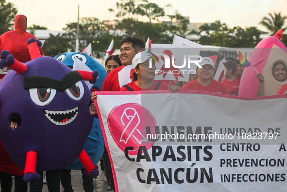 CANCUN, MEXICO - DECEMBER 1, 2023: 
Participants of the World AIDS Day March seen in the center of Cancun, on December 1st, 2023, in Cancun,...