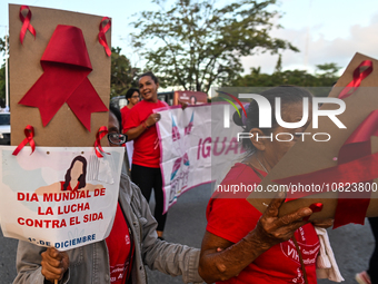 CANCUN, MEXICO - DECEMBER 1, 2023: 
Activists during the World AIDS Day March seen in the center of Cancun, on December 1st, 2023, in Cancun...