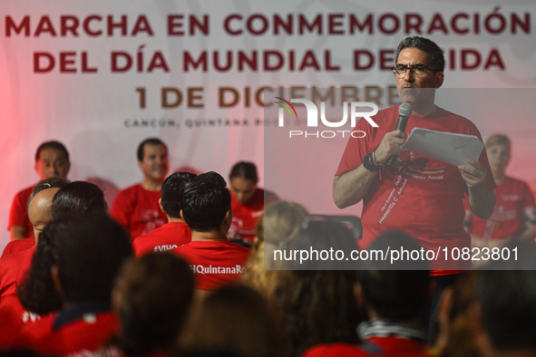 CANCUN, MEXICO - DECEMBER 1, 2023: 
The Quintana Roo state Health Secretary, Flavio Carlos Rosado, addresses the participants during the Wor...