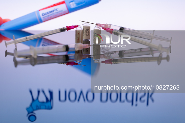 The Novo Nordisk pharmaceutical logo is being displayed on a screen alongside pills and a medical vial with a syringe in this photo illustra...