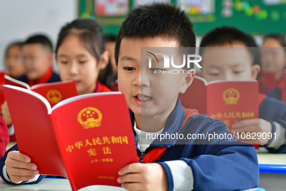 Students are reading and studying the Constitution at Xiguan Primary School in the Fushan district of Yantai, East China's Shandong province...