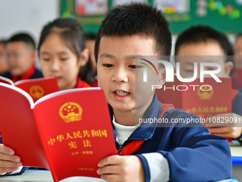 Students are reading and studying the Constitution at Xiguan Primary School in the Fushan district of Yantai, East China's Shandong province...