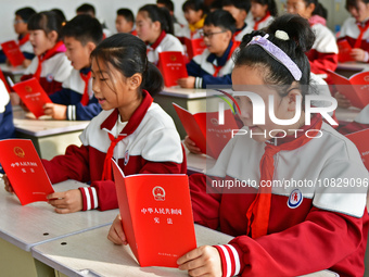 A teacher is leading students in reading the Constitution at Xiguan Primary School in the Fushan District of Yantai, Shandong Province, Chin...