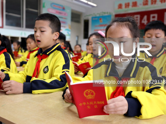 Primary school students are reading the Constitution in Zaozhuang, Shandong Province, China, on December 4, 2023. (