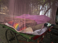 Lower-income individuals are sleeping inside a mosquito net on a van to protect themselves from dengue in Dhaka, Bangladesh, on December 4,...