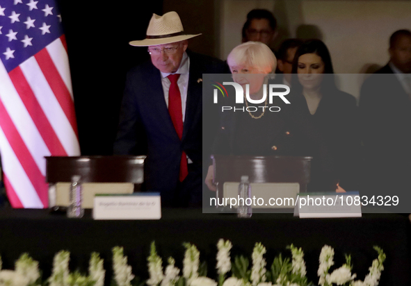 Ken Salazar, the US Ambassador to Mexico, and Janet Yellen, the US Treasury Secretary, are arriving at the Museo Interactivo de Economia in...