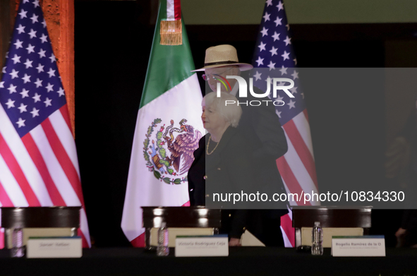 Ken Salazar, the US Ambassador to Mexico, and Janet Yellen, the US Treasury Secretary, are arriving at the Museo Interactivo de Economia in...