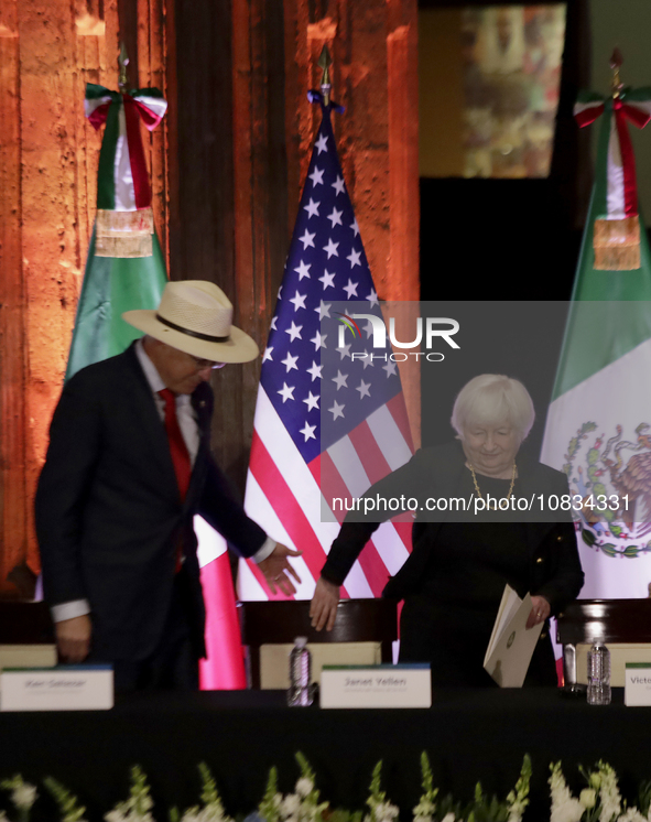 Ken Salazar, the US Ambassador to Mexico, and Janet Yellen, the US Treasury Secretary, are arriving at the Museo Interactivo de Economia in...