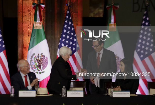 US Treasury Secretary Janet Yellen is visiting the Interactive Museum of Economics in Mexico City, where she is presenting a $20 peso coin c...