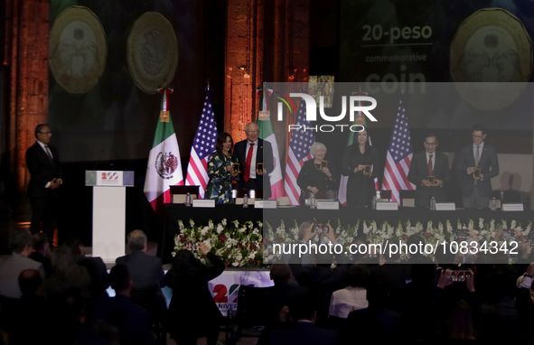 US Treasury Secretary Janet Yellen is visiting the Interactive Museum of Economics in Mexico City, where she is presenting a $20 peso coin c...