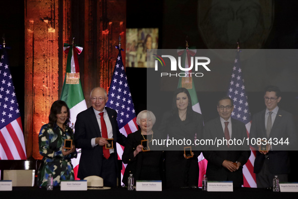 US Treasury Secretary Janet Yellen is visiting the Interactive Museum of Economics in Mexico City, where she is presenting a $20 peso coin c...