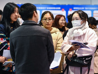 College student job seekers are communicating with representatives of employers at a college employment fair in Fuyang, Anhui Province, Chin...