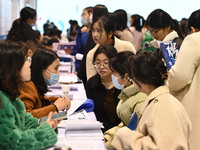 College student job seekers are communicating with representatives of employers at a college employment fair in Fuyang, Anhui Province, Chin...