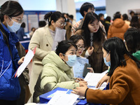 College student job seekers are communicating with representatives of employers at a college employment fair in Fuyang, Anhui Province, Chin...