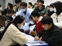 College student job seekers are communicating with representatives of employers at a college employment fair in Fuyang, Anhui Province, Chin...