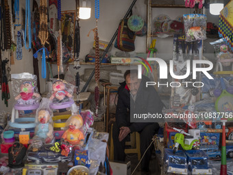 An Iranian salesman is sitting at a toyshop in a bazaar in the flooded village of Imamzadeh Davood, in the northwestern part of Tehran, on D...