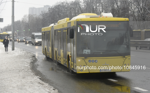 Buses are running between the closed metro stations of the Blue Line in Kyiv, Ukraine, on December 11, 2023. Train traffic on the Blue Line...