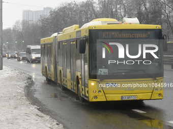 Buses are running between the closed metro stations of the Blue Line in Kyiv, Ukraine, on December 11, 2023. Train traffic on the Blue Line...