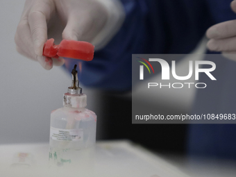 A dentist is performing tests with dental prostheses at the Centro de Odontogeriatria TIII Doctor Guillermo Roman y Carrillo Health Centre i...