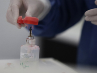 A dentist is performing tests with dental prostheses at the Centro de Odontogeriatria TIII Doctor Guillermo Roman y Carrillo Health Centre i...