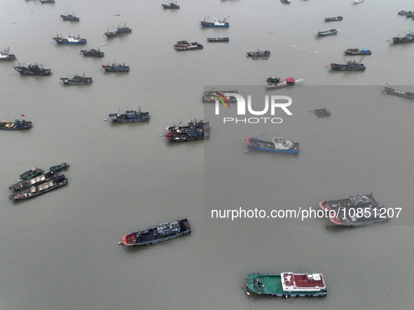 Fishing boats are moored at the central fishing port of Liandao to avoid wind and waves in Lianyungang, Jiangsu Province, China, on December...