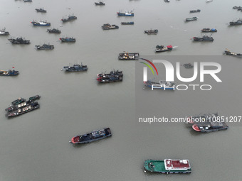 Fishing boats are moored at the central fishing port of Liandao to avoid wind and waves in Lianyungang, Jiangsu Province, China, on December...