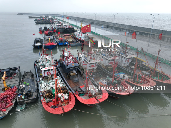 Fishing boats are moored at the central fishing port of Liandao to avoid wind and waves in Lianyungang, Jiangsu Province, China, on December...